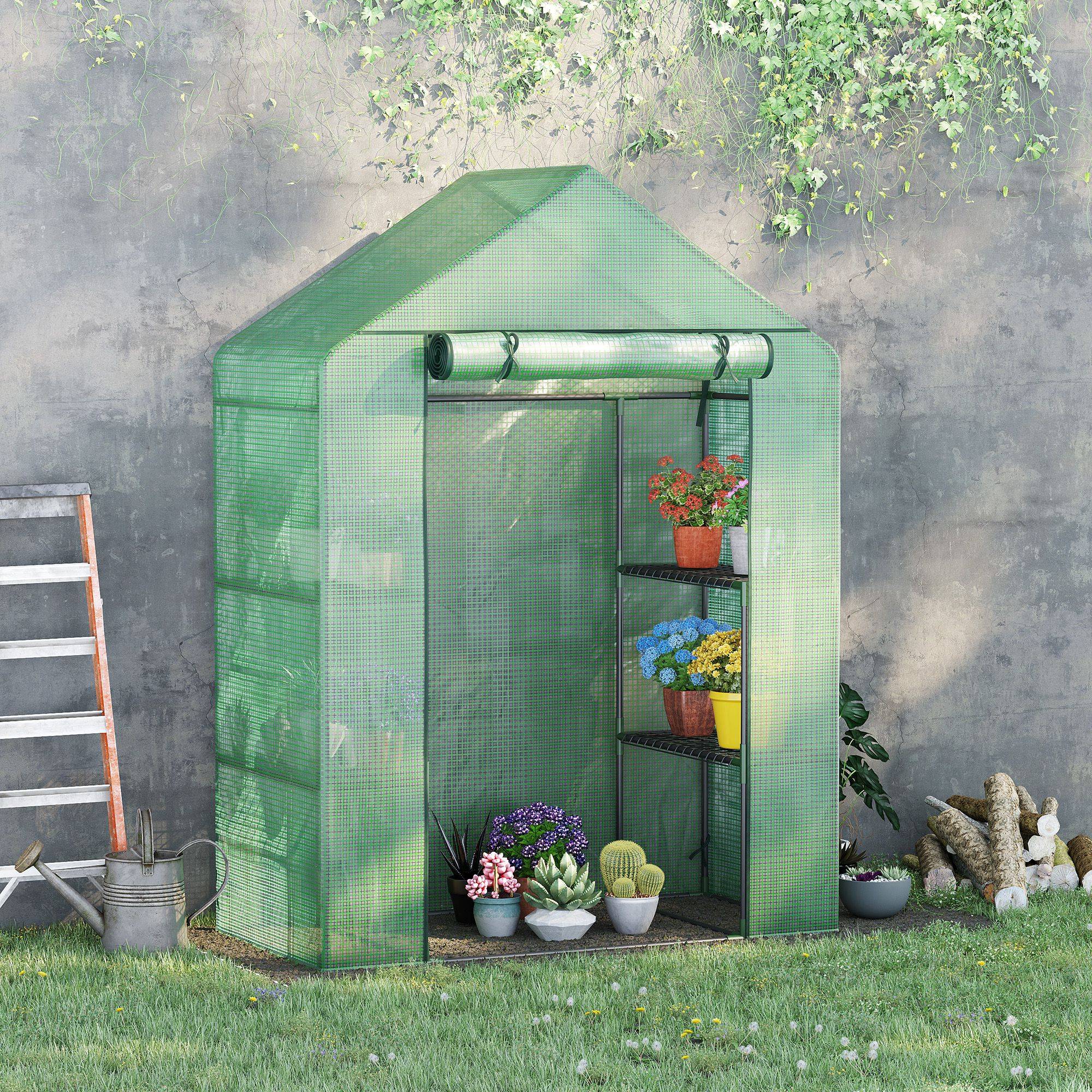 Sans Marque - Serre aluminium 6 étagères abri jardin chaude tomates plantes entrée enroulable 141x72x191 cm verte - Image 3