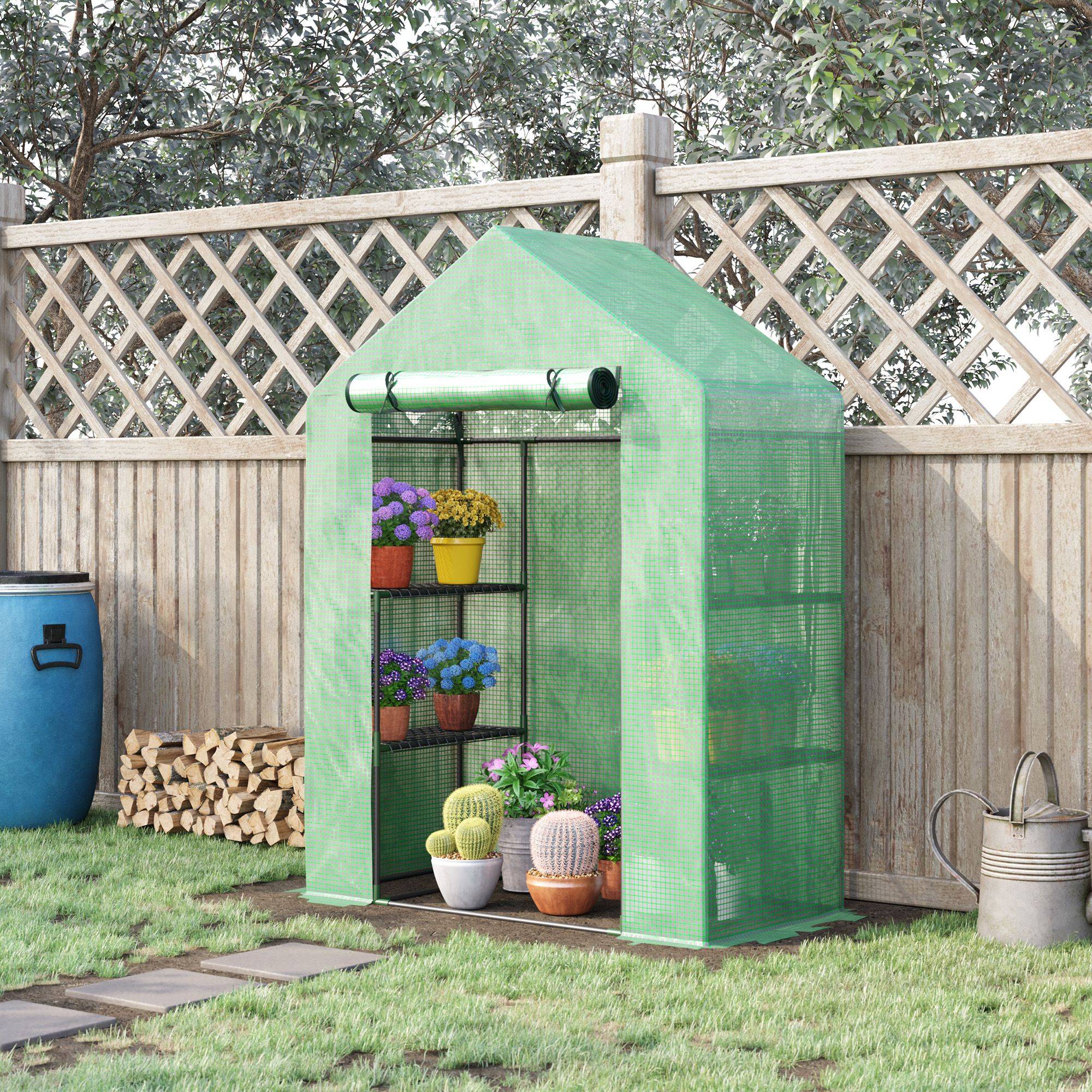 Sans Marque - Serre aluminium 6 étagères abri jardin chaude tomates plantes entrée enroulable 141x72x191 cm verte - Image 4