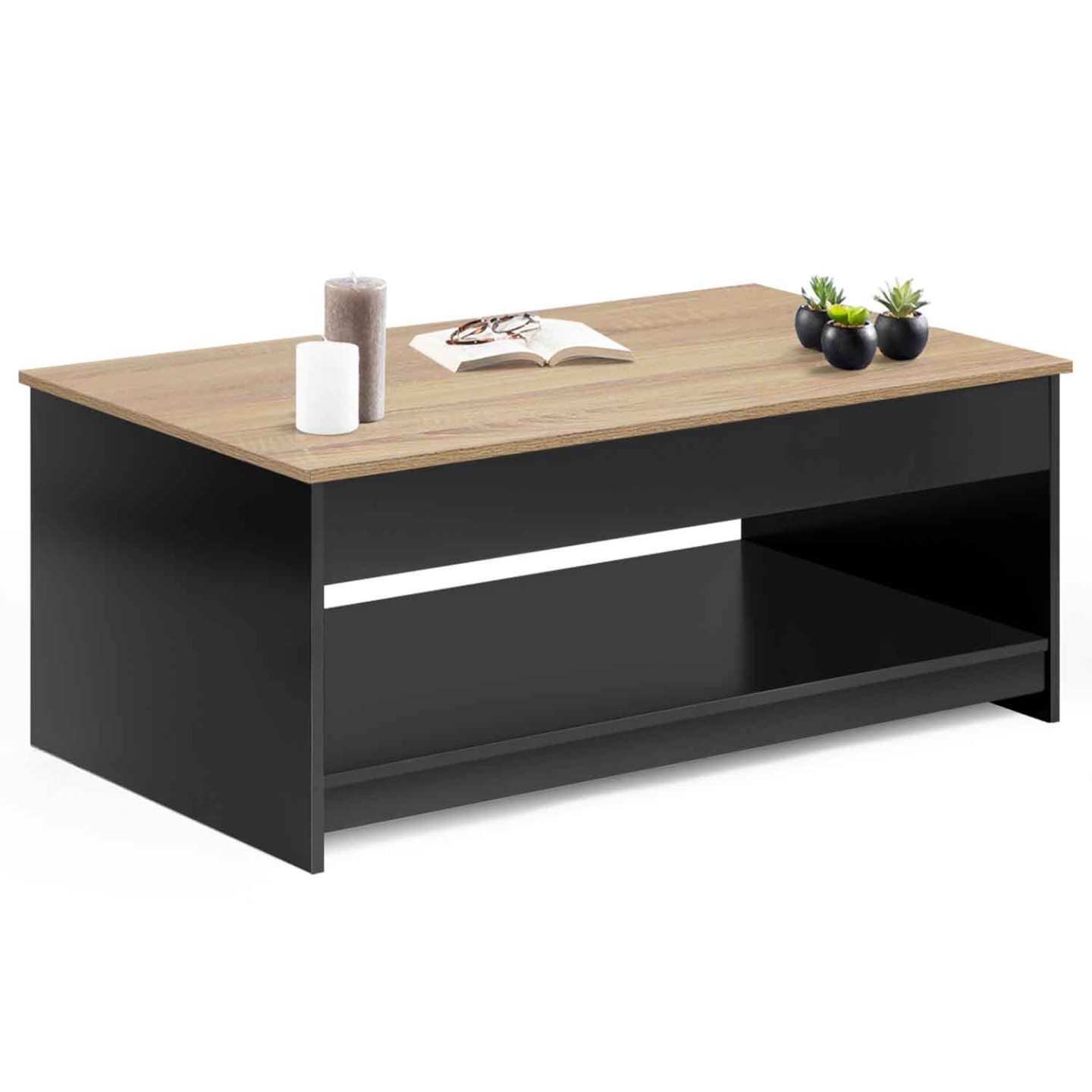 Lot De 2 Tables Basses Gigognes Modernes – Plateau Chêne & Métal Noir, 70x70x45 Cm + 50x50x40 Cm, Style Scandinave & Gain De Place