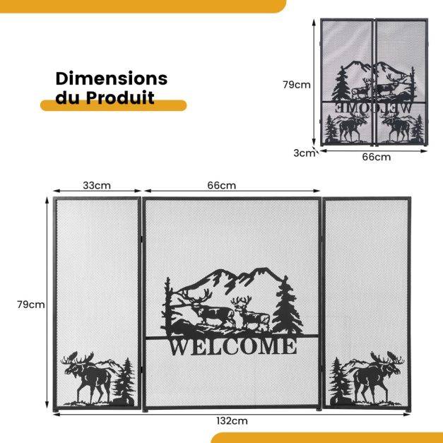 Helloshop26 - Écran de cheminée 132 x 79 cm pare-étincelles pliable à 3 panneaux décorative en maille motif à chevrons pare-feu de cheminée en métal robuste - Imagen 3