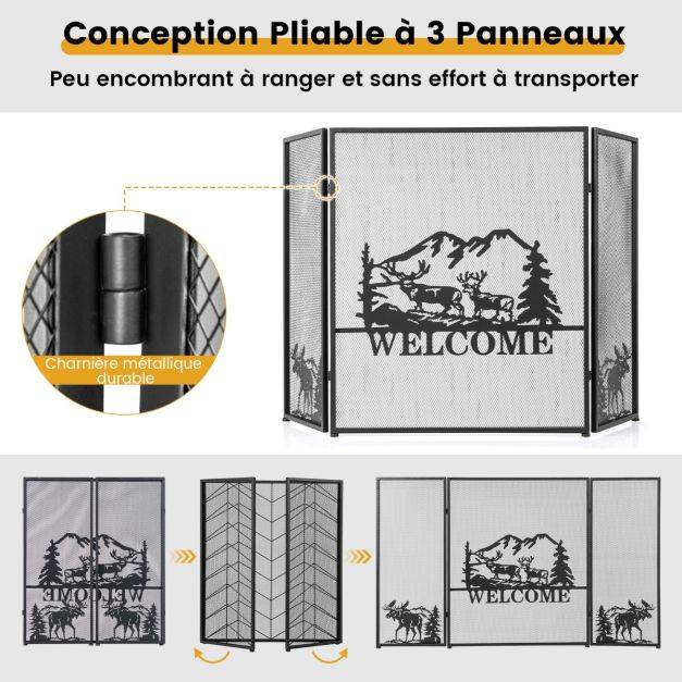 Helloshop26 - Écran de cheminée 132 x 79 cm pare-étincelles pliable à 3 panneaux décorative en maille motif à chevrons pare-feu de cheminée en métal robuste - Imagen 2
