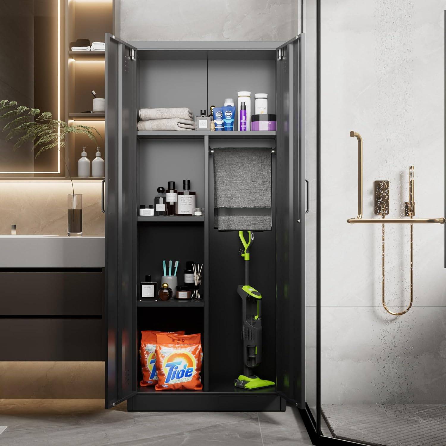 Armoire métallique SUPEER pour balais et produits d'entretien, fermeture magnétique – 70 x 30 x 165 cm, Noir - Image 2