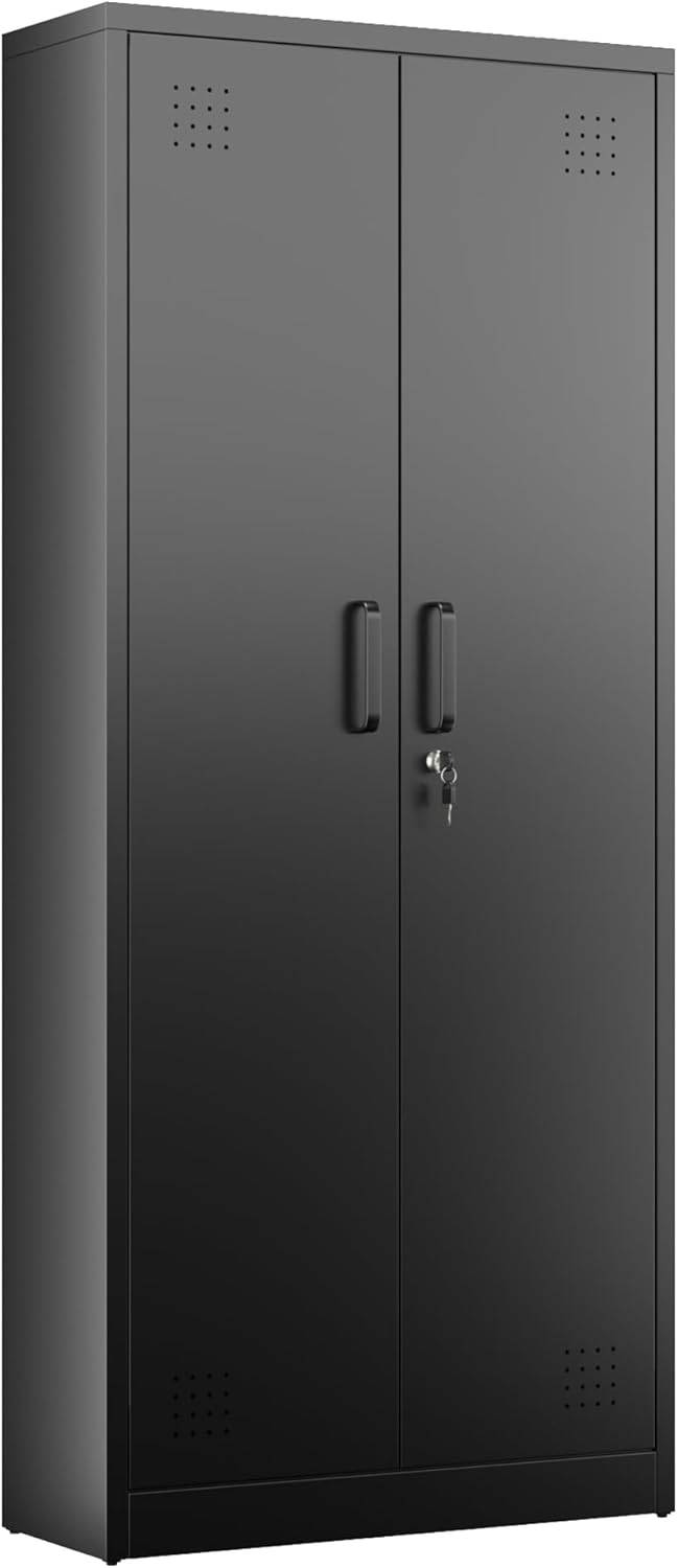 Armoire métallique SUPEER pour balais et produits d'entretien, fermeture magnétique – 70 x 30 x 165 cm, Noir - Image 3