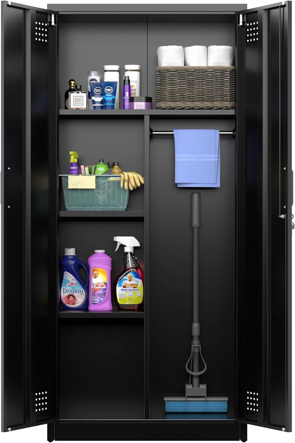 Armoire métallique SUPEER pour balais et produits d'entretien, fermeture magnétique – 70 x 30 x 165 cm, Noir - Image 1