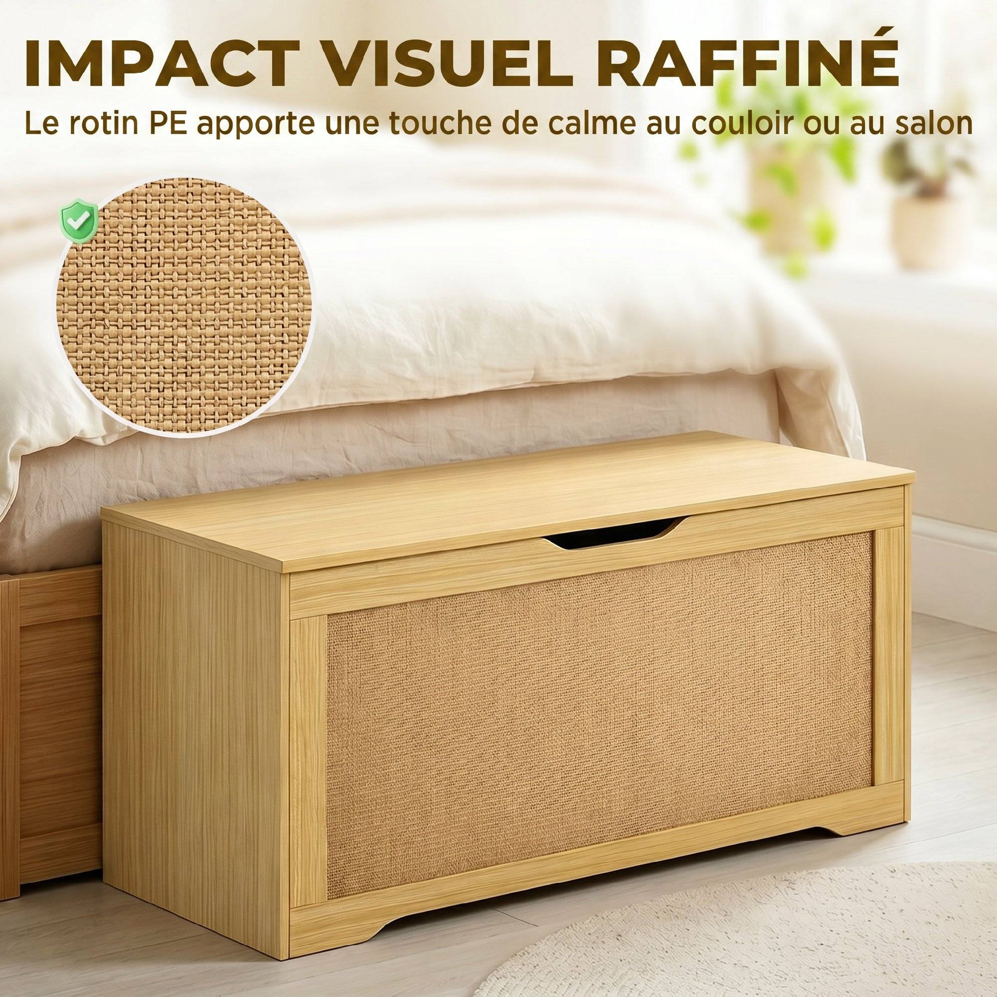 Sans Marque - Coffre de Rangement en Rotin 136L, Banc Coffre avec Couvercle Relevable et 2 Charnières de Sécurité, Chêne - Image 6