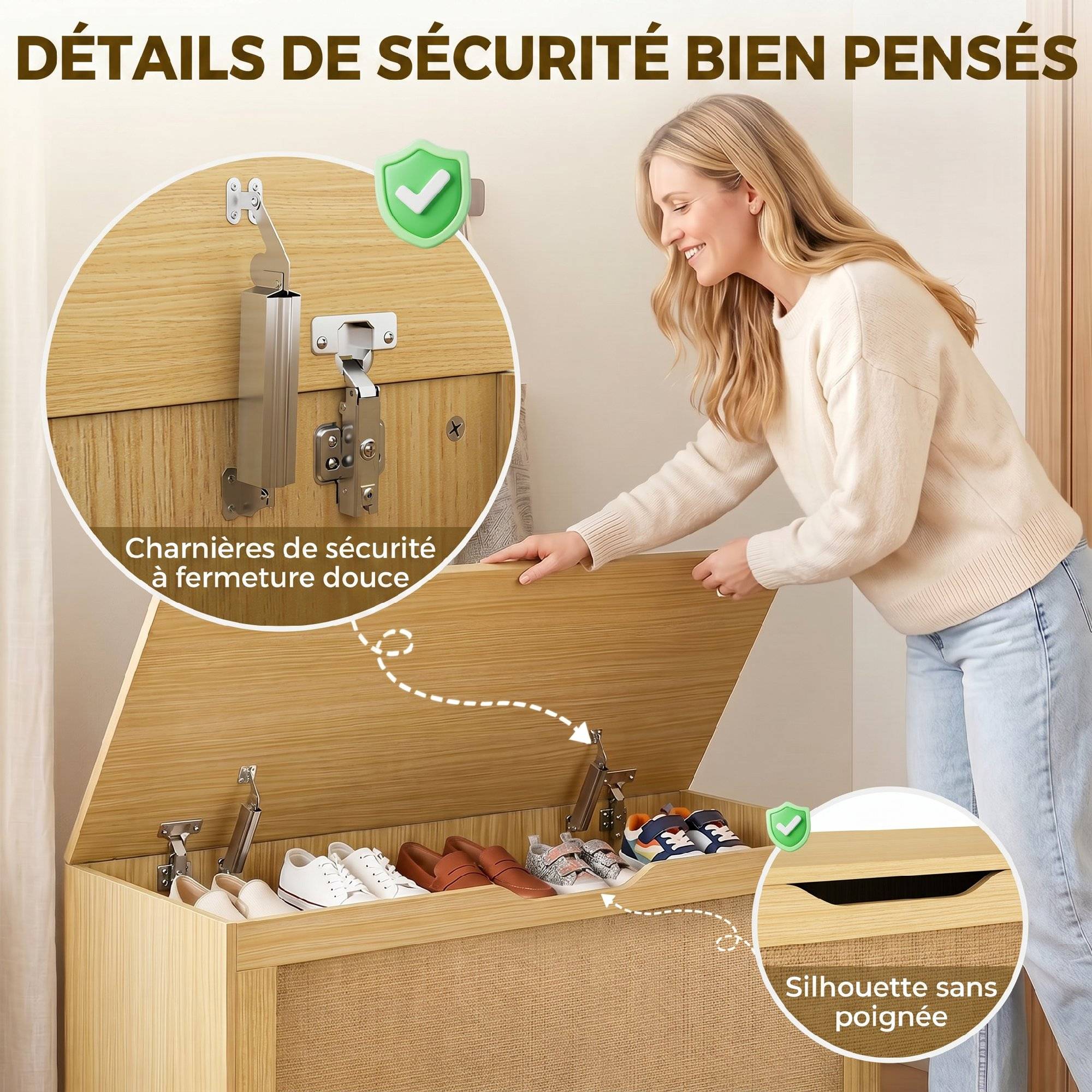 Sans Marque - Coffre de Rangement en Rotin 136L, Banc Coffre avec Couvercle Relevable et 2 Charnières de Sécurité, Chêne - Image 8