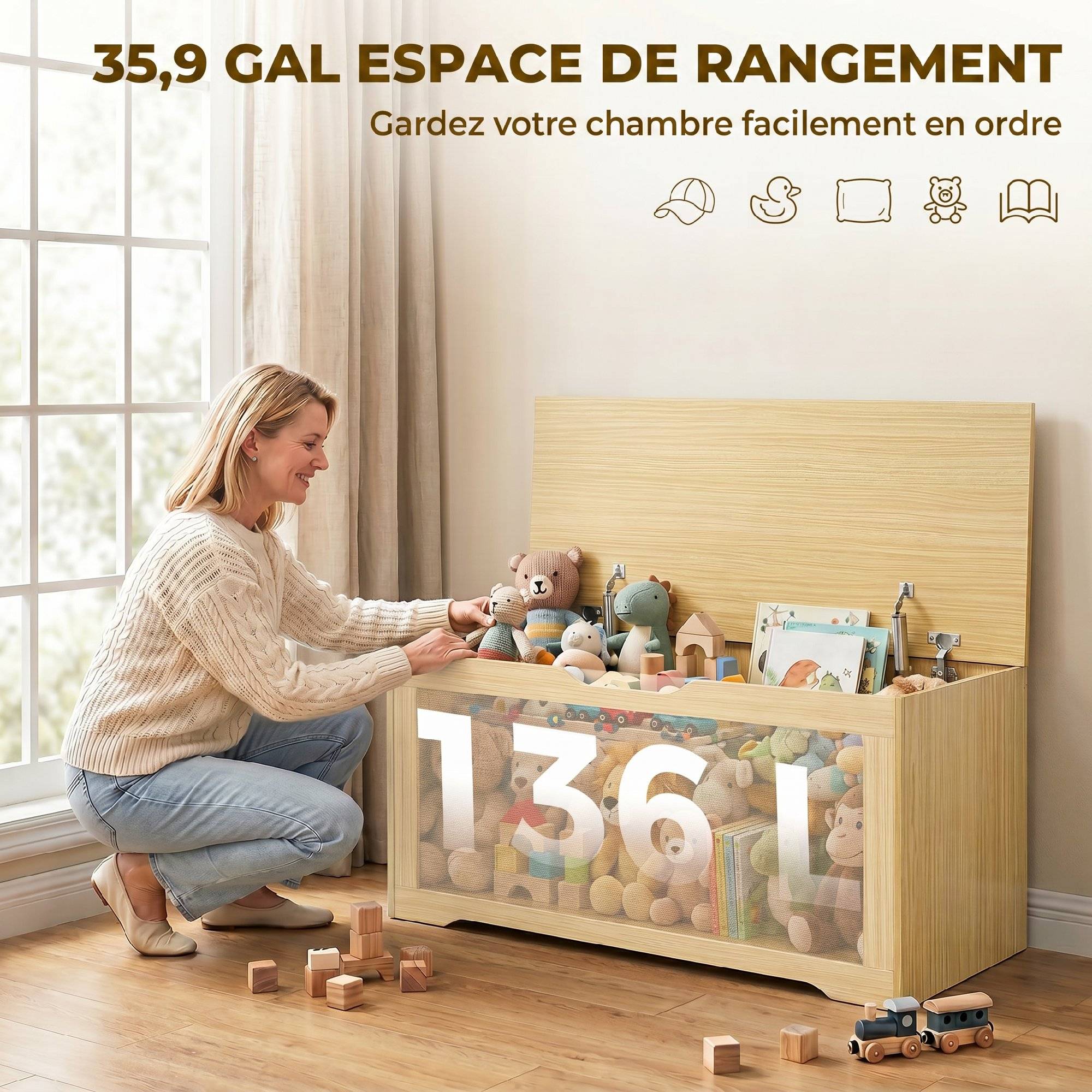 Sans Marque - Coffre de Rangement en Rotin 136L, Banc Coffre avec Couvercle Relevable et 2 Charnières de Sécurité, Chêne - Image 7