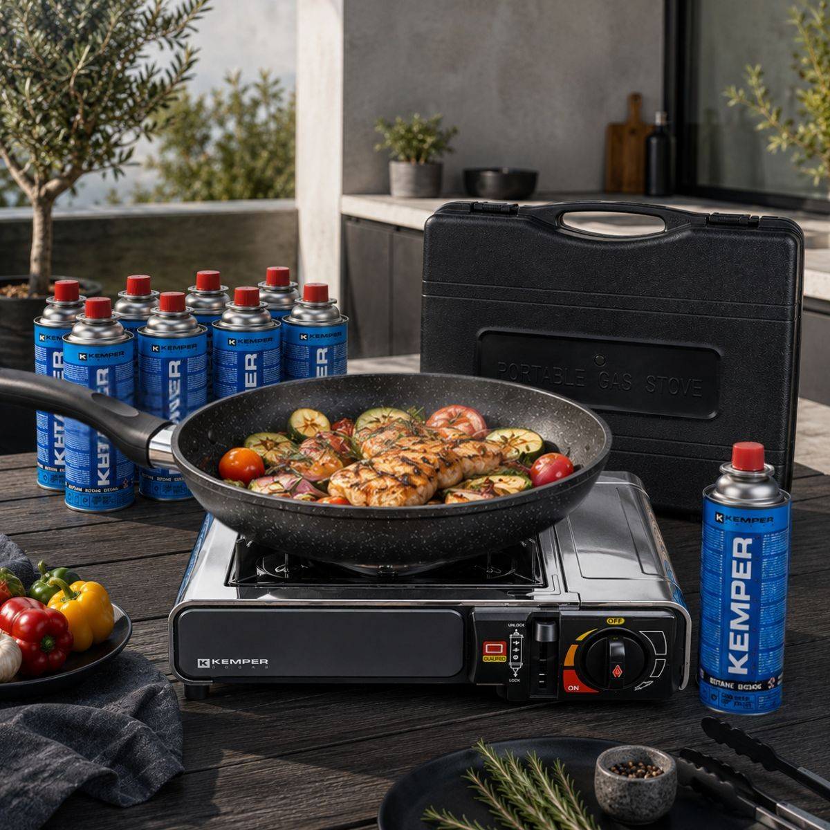 Réchaud à gaz 2200W Inox + 12 Cartouches de gaz Camping Allumage piezo Système Sécurité KEMPER - Imagen 4