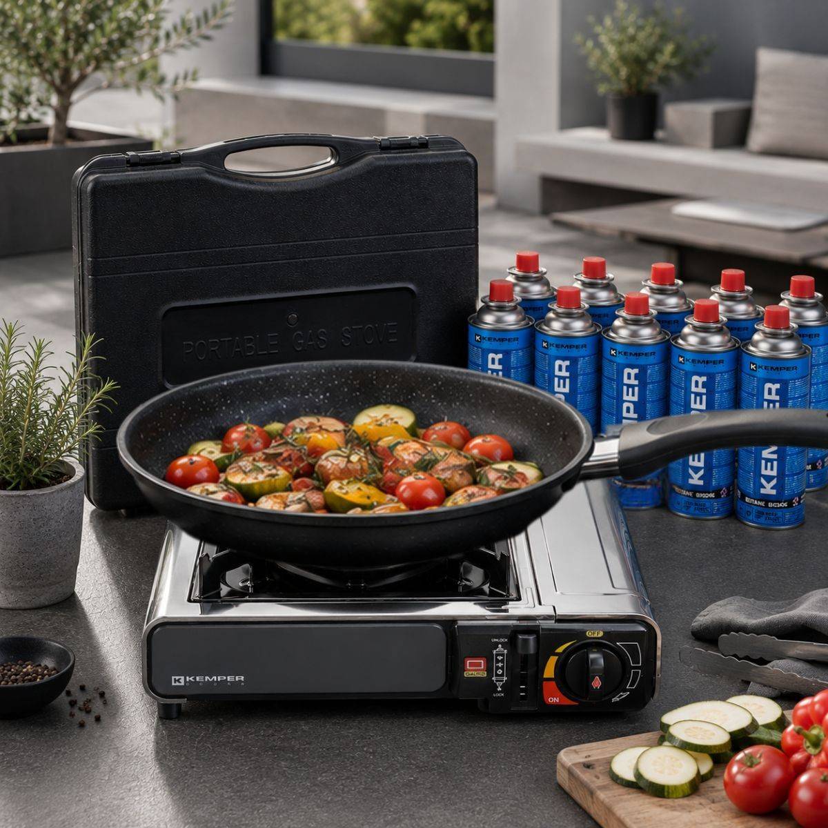 Réchaud à gaz 2200W Inox + 12 Cartouches de gaz Camping Allumage piezo Système Sécurité KEMPER - Imagen 2