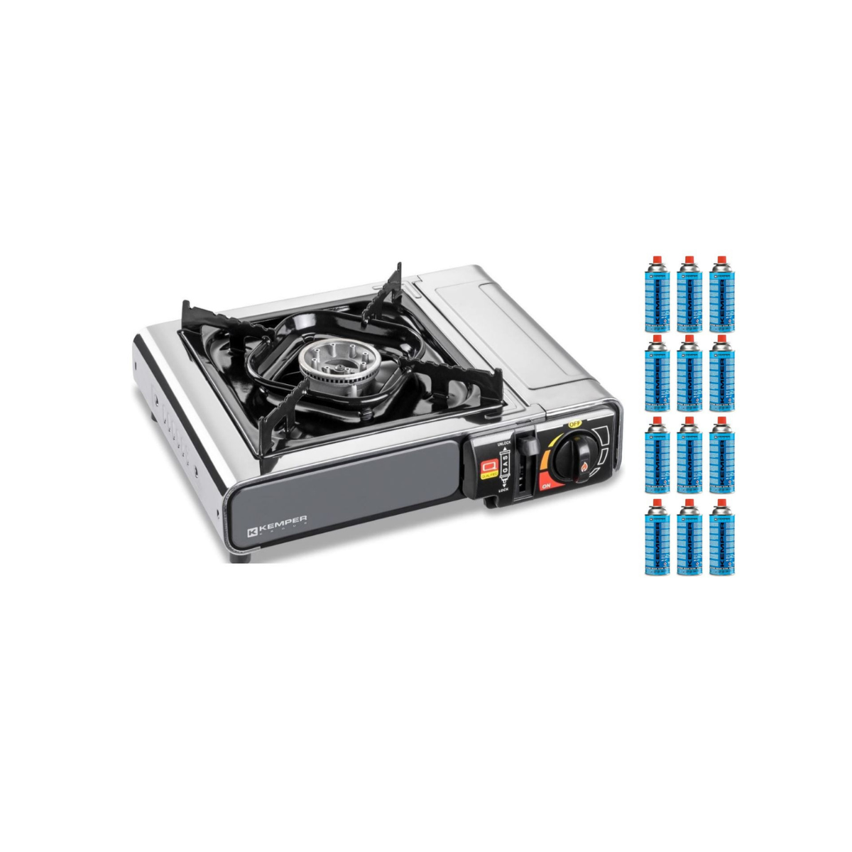 Réchaud à gaz 2200W Inox + 12 Cartouches de gaz Camping Allumage piezo Système Sécurité KEMPER - Imagen 6