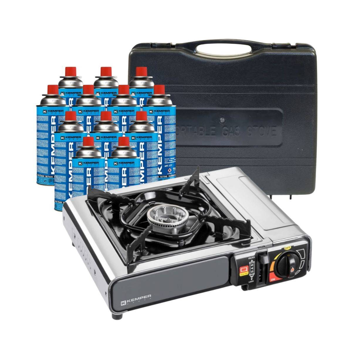 Réchaud à gaz 2200W Inox + 12 Cartouches de gaz Camping Allumage piezo Système Sécurité KEMPER - Imagen 1