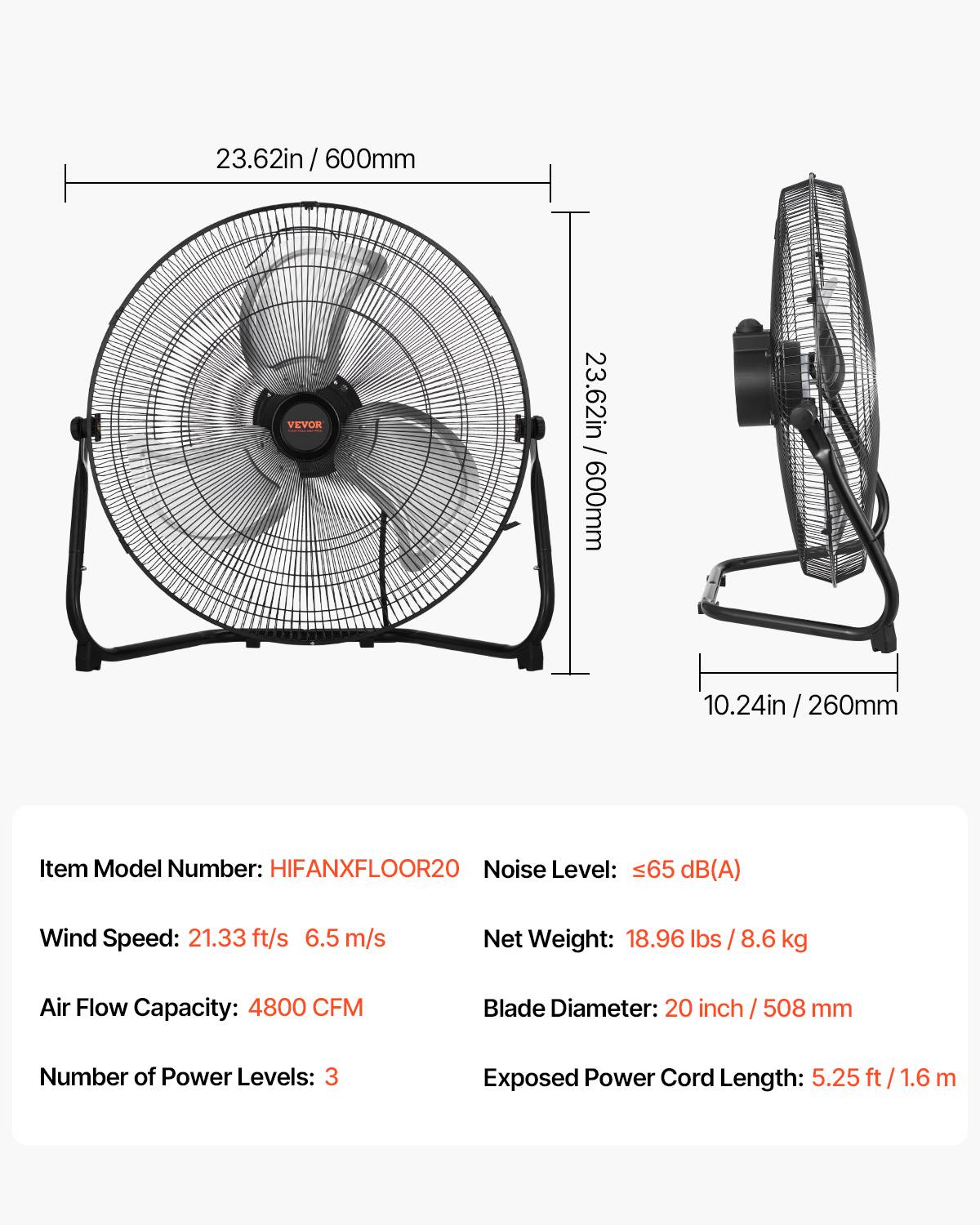VEVOR Ventilateur sol 3 vitesses, métal 508mm, 2pcs, garage. - Image 7