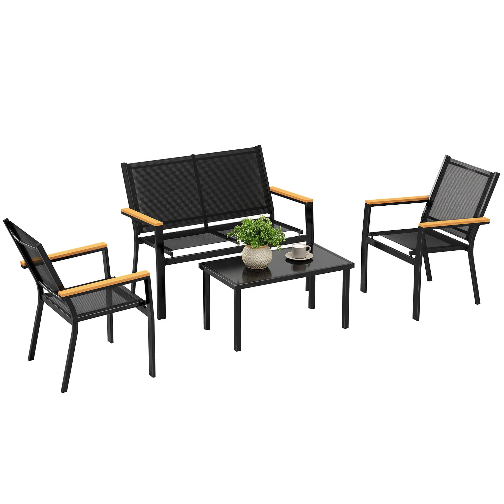 Salon de jardin extérieur 4 pièces avec canapé 2 places, 2 chaises et table basse en verre trempé, noir