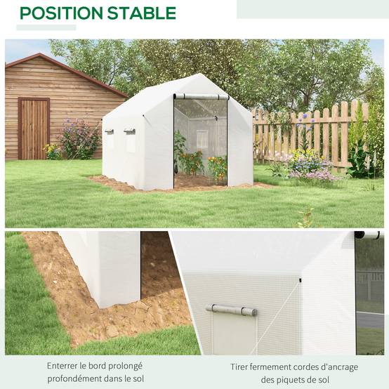 Serre de jardin tunnel 2 x 3m, 6m² avec porte enroulable, 4 fenêtres, - Acier galvanisé PE Haute densité Blanc - Image 8