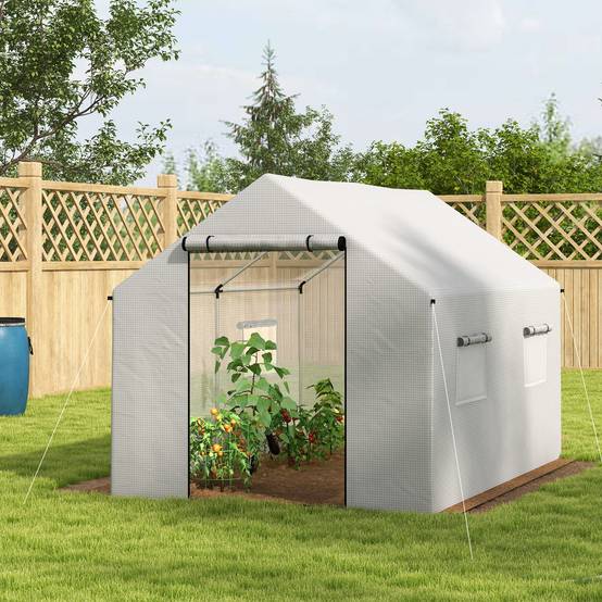 Serre de jardin tunnel 2 x 3m, 6m² avec porte enroulable, 4 fenêtres, - Acier galvanisé PE Haute densité Blanc - Image 4