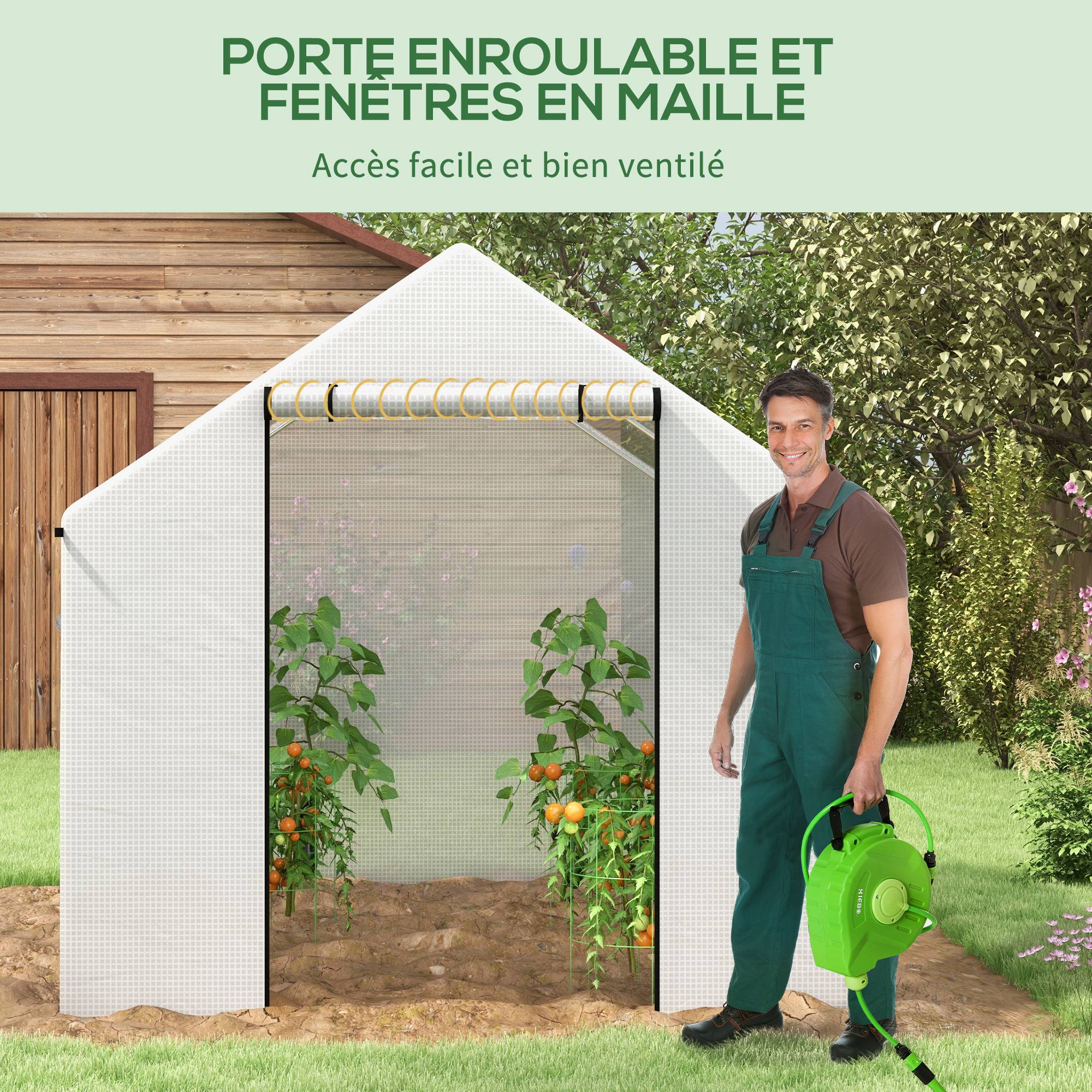 Serre de jardin tunnel 2 x 3m, 6m² avec porte enroulable, 4 fenêtres, - Acier galvanisé PE Haute densité Blanc - Image 7