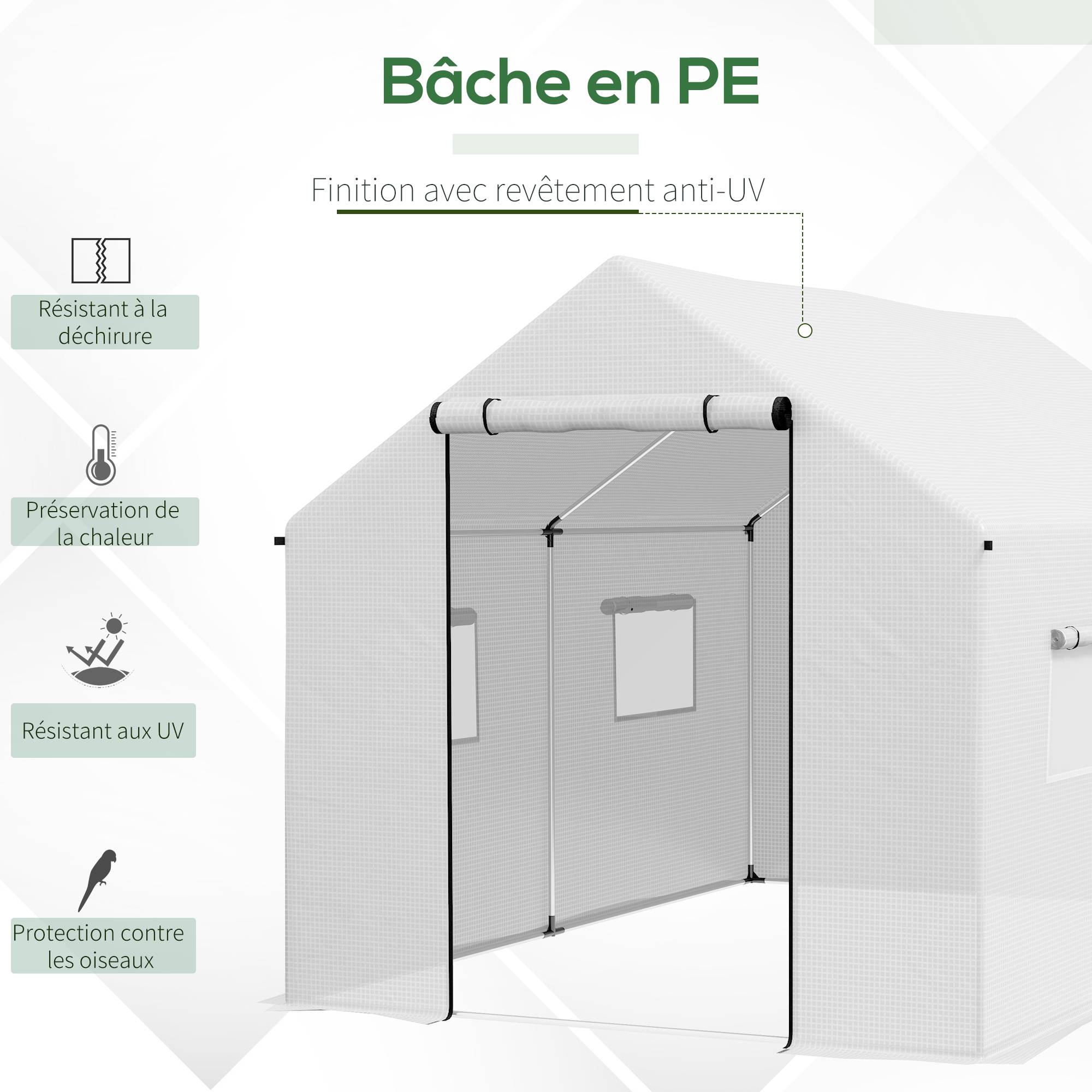 Serre de jardin tunnel 2 x 3m, 6m² avec porte enroulable, 4 fenêtres, - Acier galvanisé PE Haute densité Blanc - Image 6