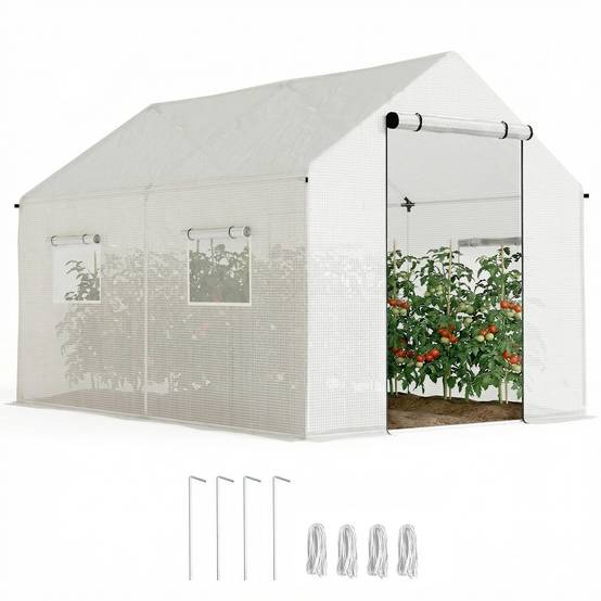 Serre de jardin tunnel 2 x 3m, 6m² avec porte enroulable, 4 fenêtres, - Acier galvanisé PE Haute densité Blanc - Image 1