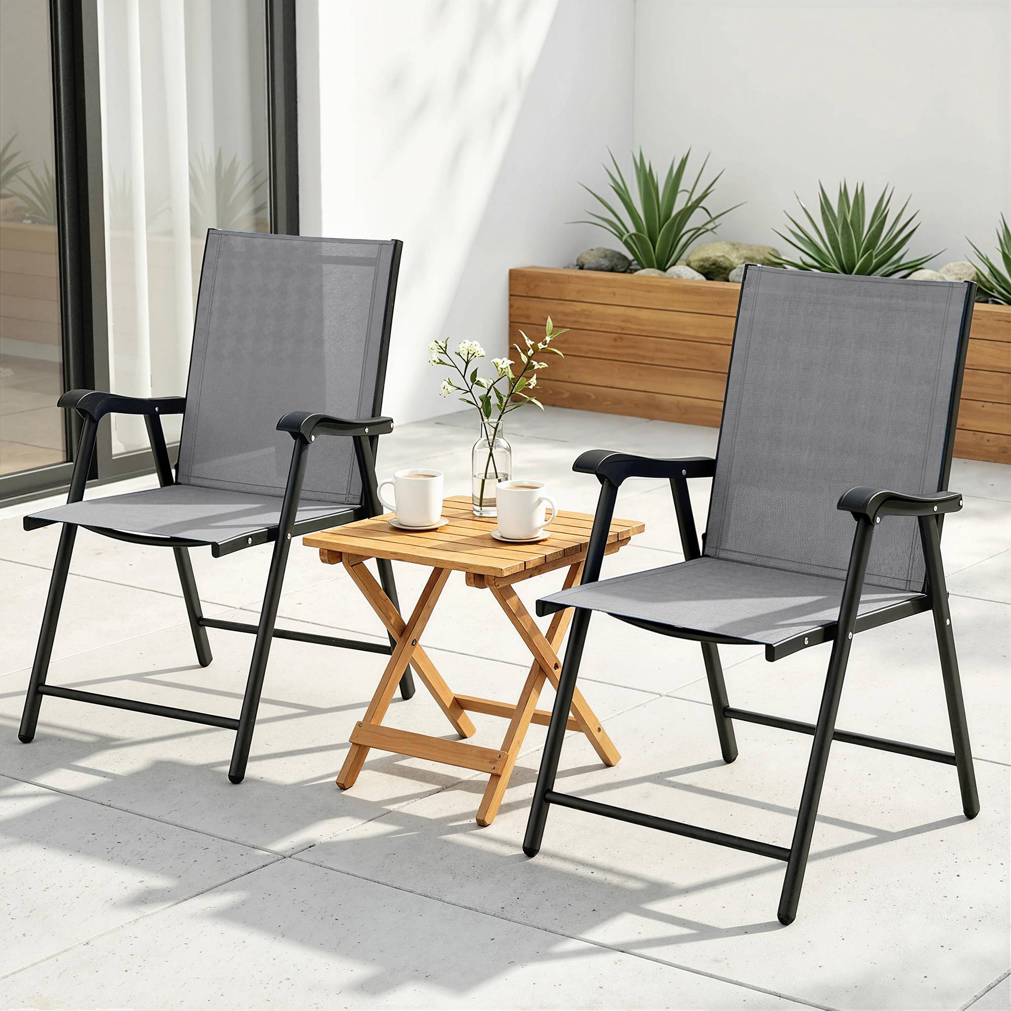 Lot de 2 chaises pliantes avec dossier haut et accoudoirs, gris clair - Image 4