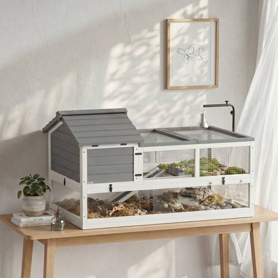 Maison pour tortues en bois, terrarium extérieur 116x70,5x69,5 cm, gris - Image 3
