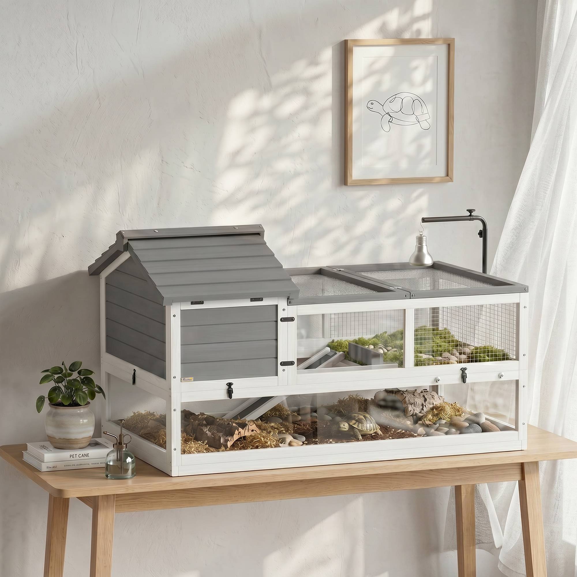 Maison pour tortues en bois, terrarium extérieur 116x70,5x69,5 cm, gris - Image 3