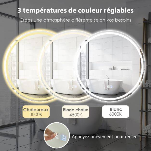 Miroir de salle de bain led ø 60 cm avec 3 eclairages interrupteur tactile et fonction anti-buée - Image 4
