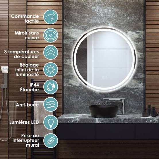 Miroir de salle de bain led ø 60 cm avec 3 eclairages interrupteur tactile et fonction anti-buée - Image 5