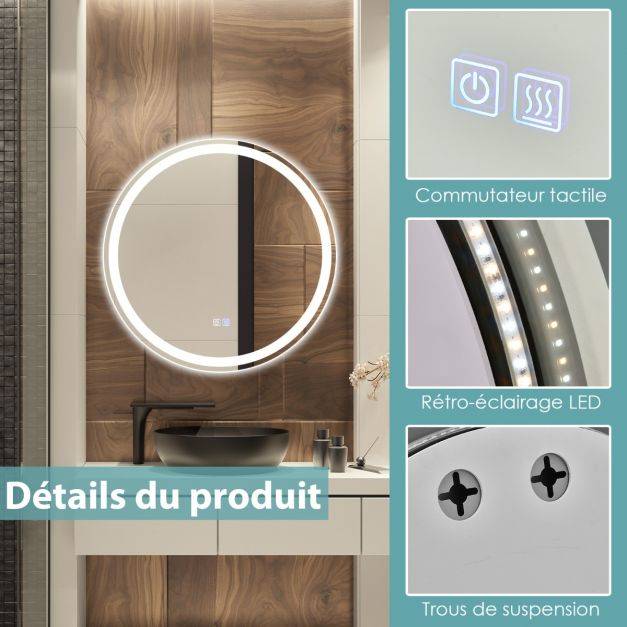 Miroir de salle de bain led ø 60 cm avec 3 eclairages interrupteur tactile et fonction anti-buée - Image 2