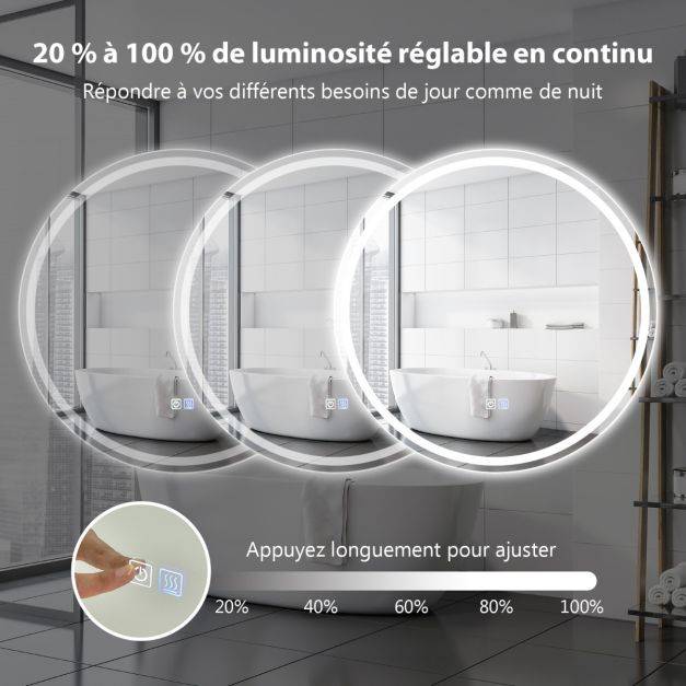 Miroir de salle de bain led ø 60 cm avec 3 eclairages interrupteur tactile et fonction anti-buée - Image 3