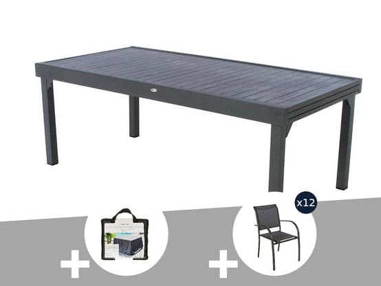 Hesperide - Table extensible rectangulaire alu Piazza 10/12 places Graphite + Housse + 12 chaises Piazza - Hespéride