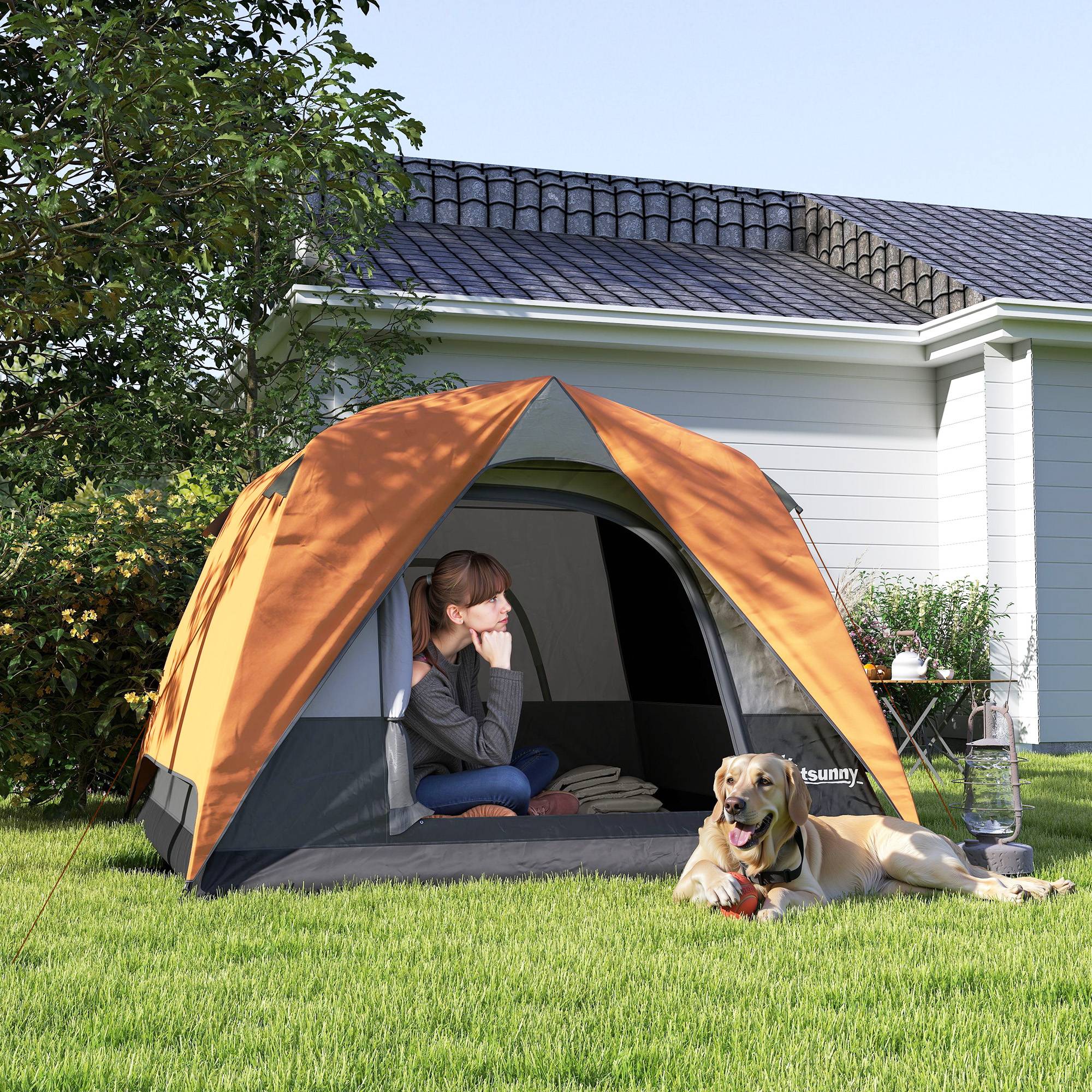 Tente de camping 4 personnes, imperméable, facile à monter, sac de transport inclus, 200 x 200 x 135 cm, grise - Image 3