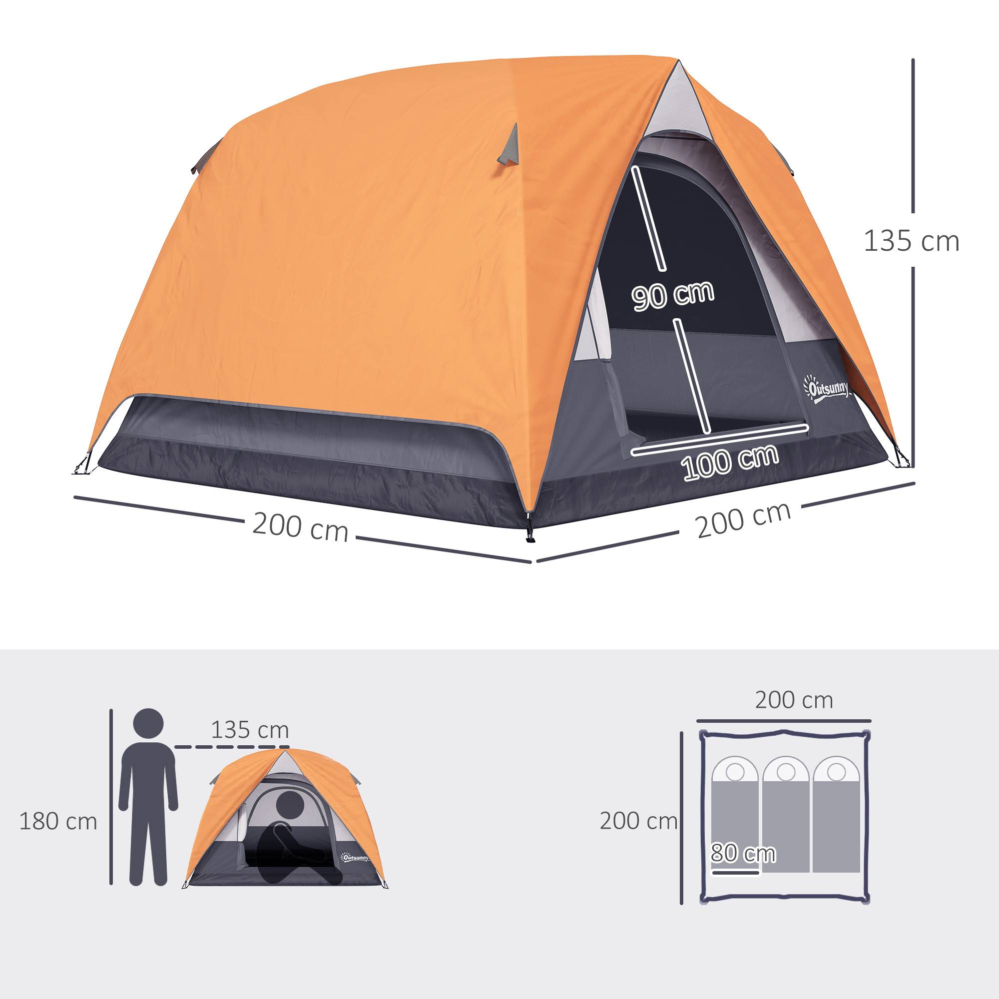 Tente de camping 4 personnes, imperméable, facile à monter, sac de transport inclus, 200 x 200 x 135 cm, grise - Image 5