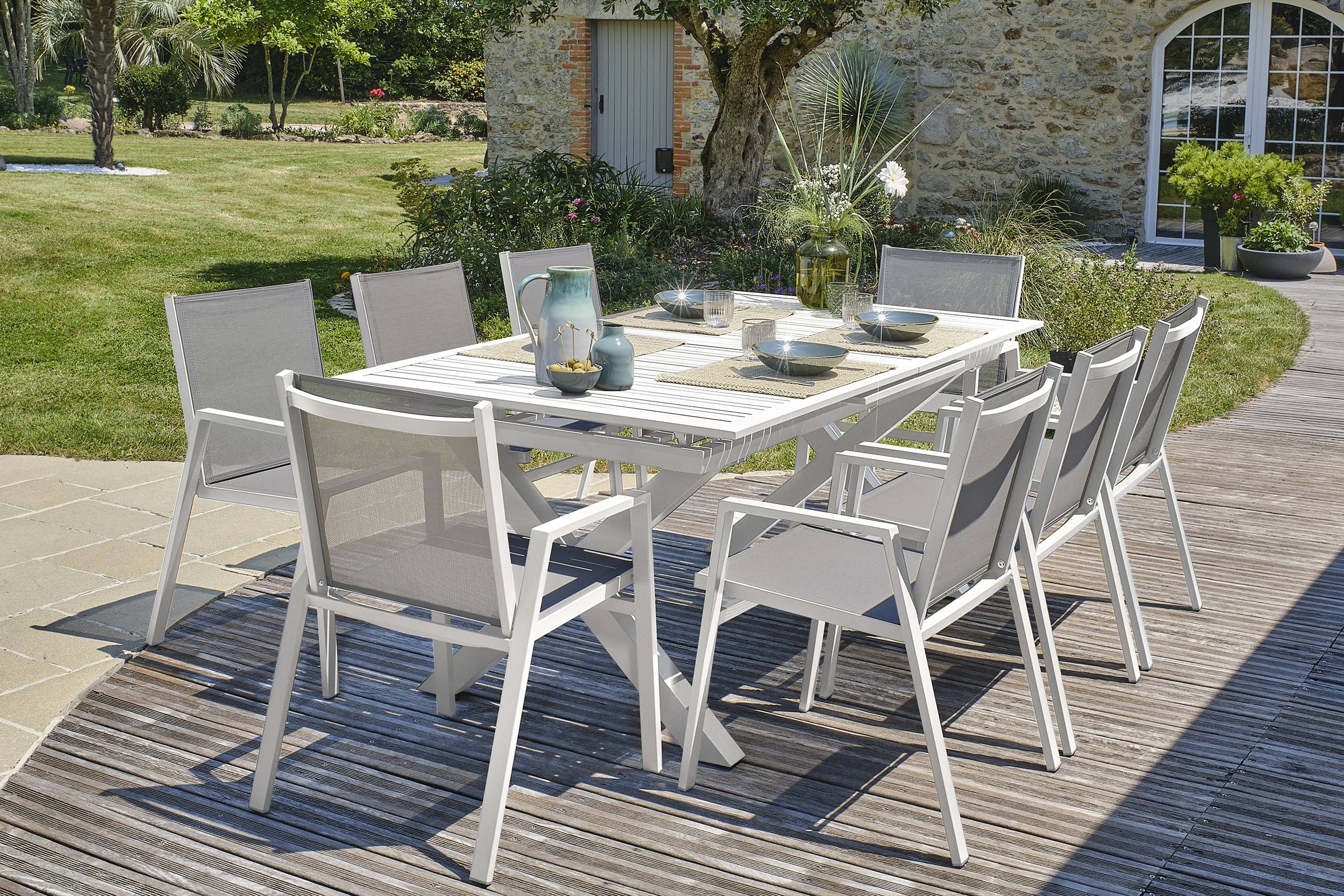 Dcb Garden - Ensemble repas de jardin 8 places en aluminium - Blanc - FLORIDE - Image 1