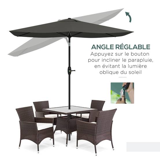 Parasol rectangulaire inclinable 2x3 m avec manivelle polyester - 290x200x248cm Aluminium Gris fr351 - Image 6