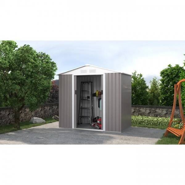 Sans Marque - Abri de jardin en métal 2,71 m² - 213 x 127 x 195 cm - PLUTON - Kit d'ancrage inclus, 2 portes coulissantes - Taupe - Image 4