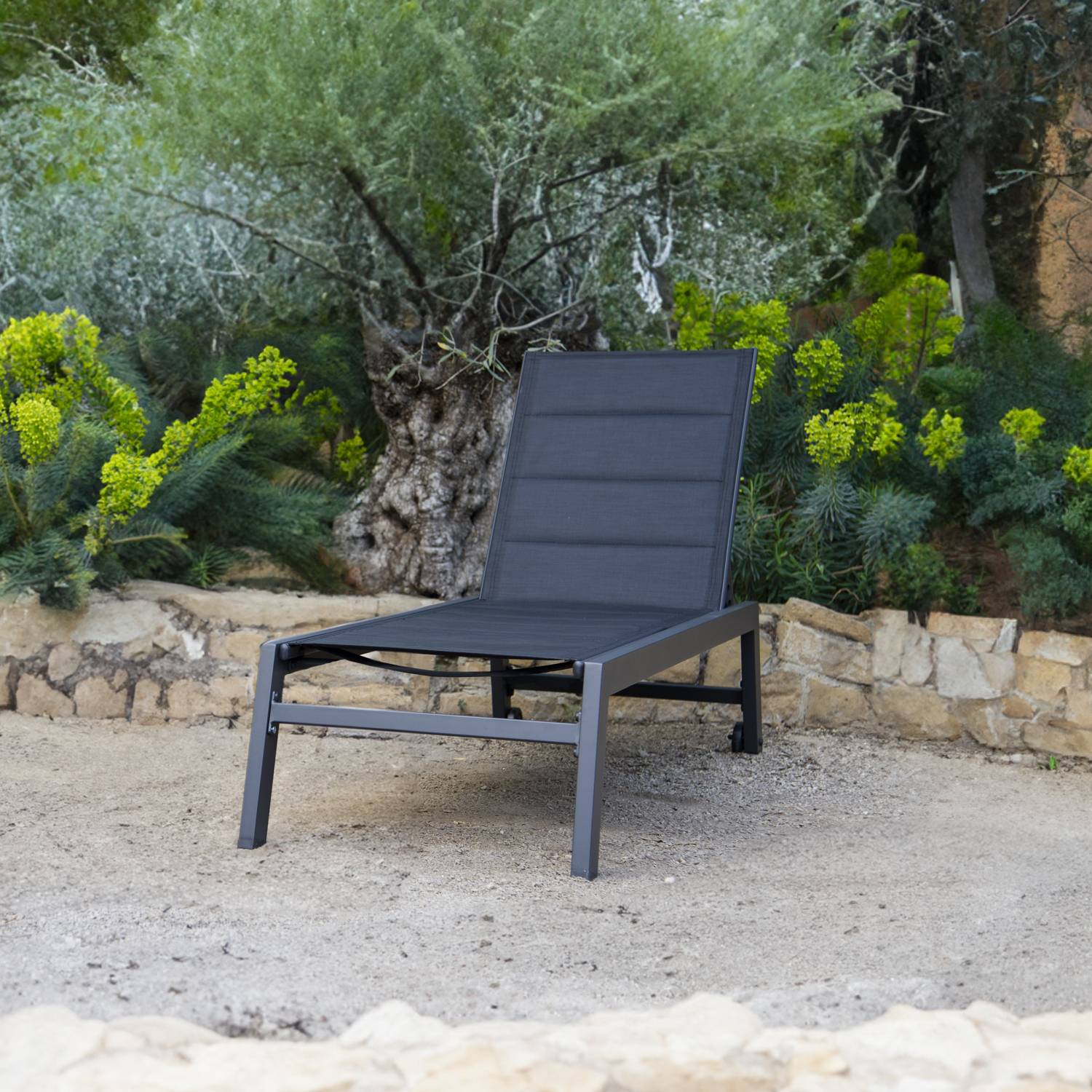 Happy Garden - Bain de soleil BARBADOS en textilène noir - aluminium gris anthracite - HAPPY GARDEN - Imagen 2