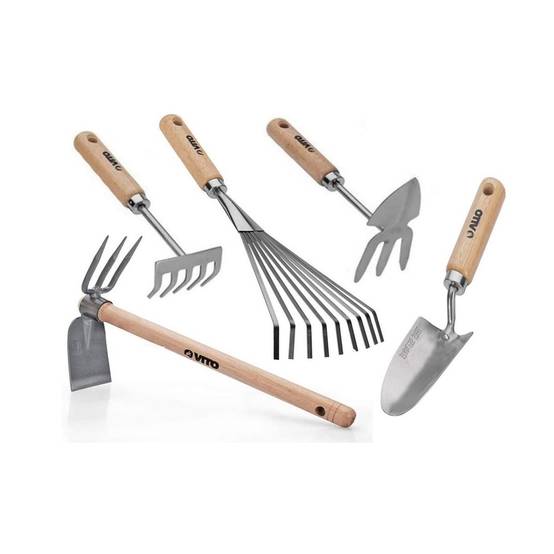 Kit 5 outils de jardin Manche bois Inox et Fer forgés à la main Haute qualité VITO - Imagen 1