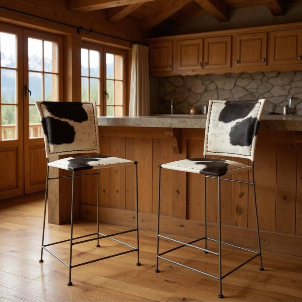 Aubry Gaspard - Tabouret de bar en peau de vache et métal - Imagen 2