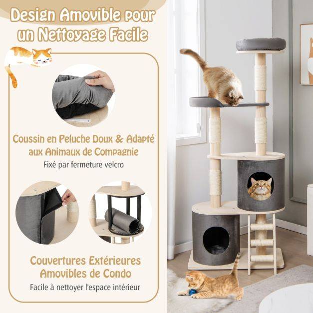 Helloshop26 - Arbre à chat 160 cm avec échelle en sisal et coussin amovible centre d'activités pour chat avec 2 condos confortables gris - Imagen 4