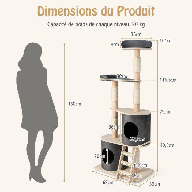 Helloshop26 - Arbre à chat 160 cm avec échelle en sisal et coussin amovible centre d'activités pour chat avec 2 condos confortables gris - Imagen 6