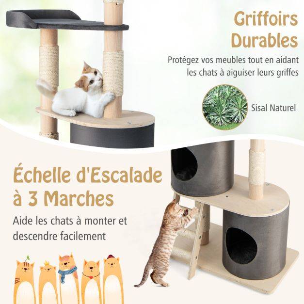 Helloshop26 - Arbre à chat 160 cm avec échelle en sisal et coussin amovible centre d'activités pour chat avec 2 condos confortables gris - Imagen 5