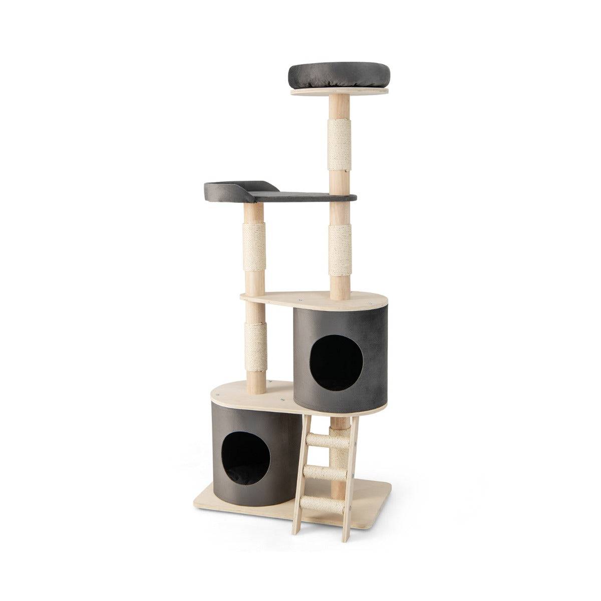 Helloshop26 - Arbre à chat 160 cm avec échelle en sisal et coussin amovible centre d'activités pour chat avec 2 condos confortables gris - Imagen 1