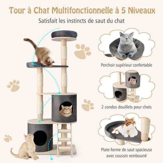 Helloshop26 - Arbre à chat 160 cm avec échelle en sisal et coussin amovible centre d'activités pour chat avec 2 condos confortables gris - Imagen 3