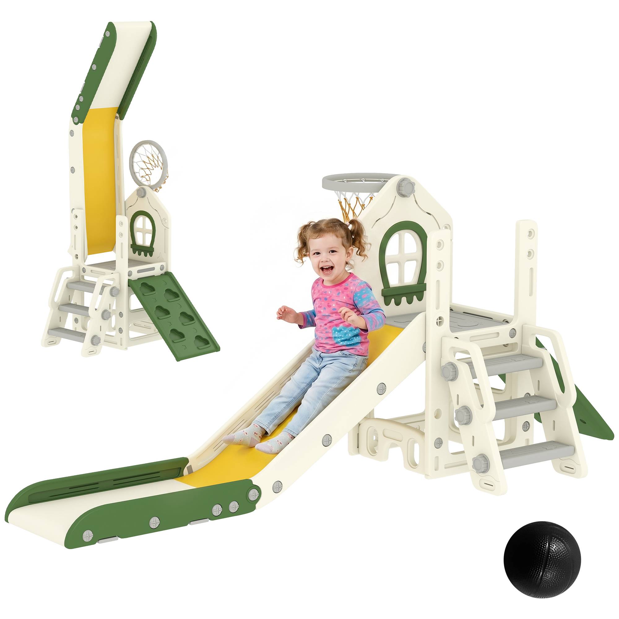 Toboggan pliable 4 en 1 pour tout-petits avec élément d'escalade, panier de basket, espace de rangement et ballon de basket pour enfants de 1 à 3 ans