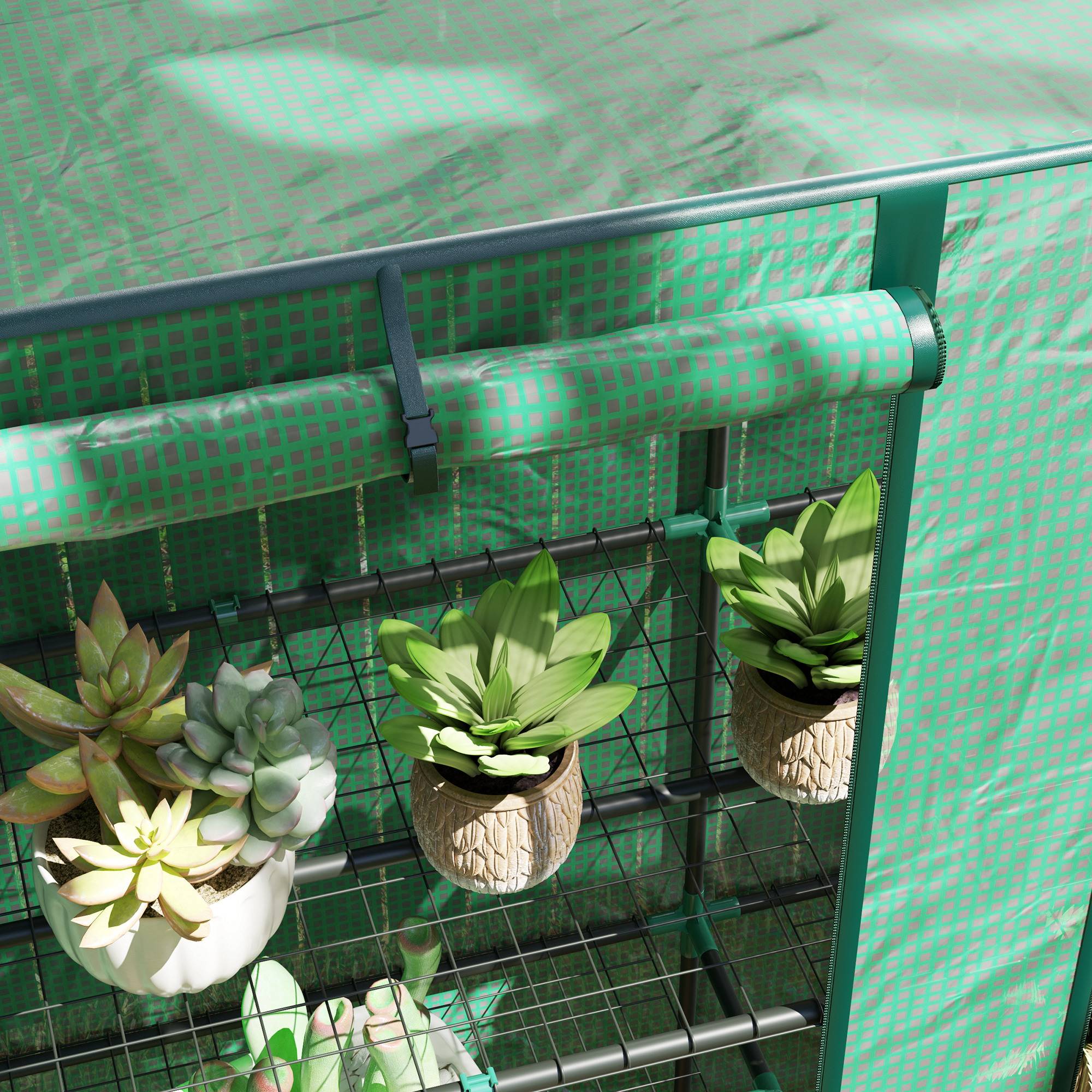 Serre de jardin avec étagères métalliques à 3 niveaux serre de balcon couverture PE toit incliné 144 x 48 x 152 cm vert - Image 10