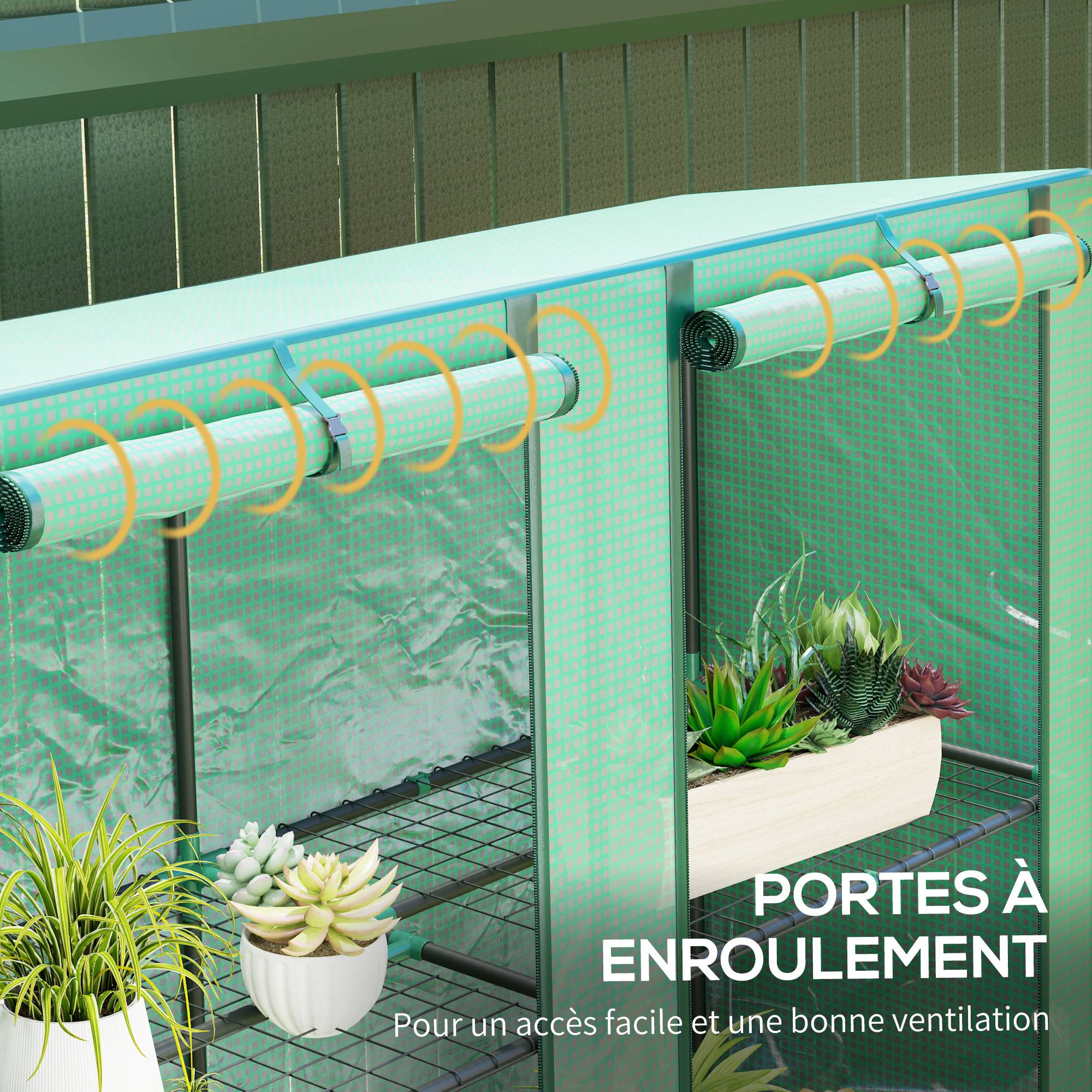 Serre de jardin avec étagères métalliques à 3 niveaux serre de balcon couverture PE toit incliné 144 x 48 x 152 cm vert - Image 8