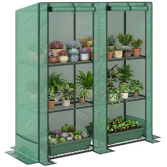 Serre de jardin avec étagères métalliques à 3 niveaux serre de balcon couverture PE toit incliné 144 x 48 x 152 cm vert - Image 1