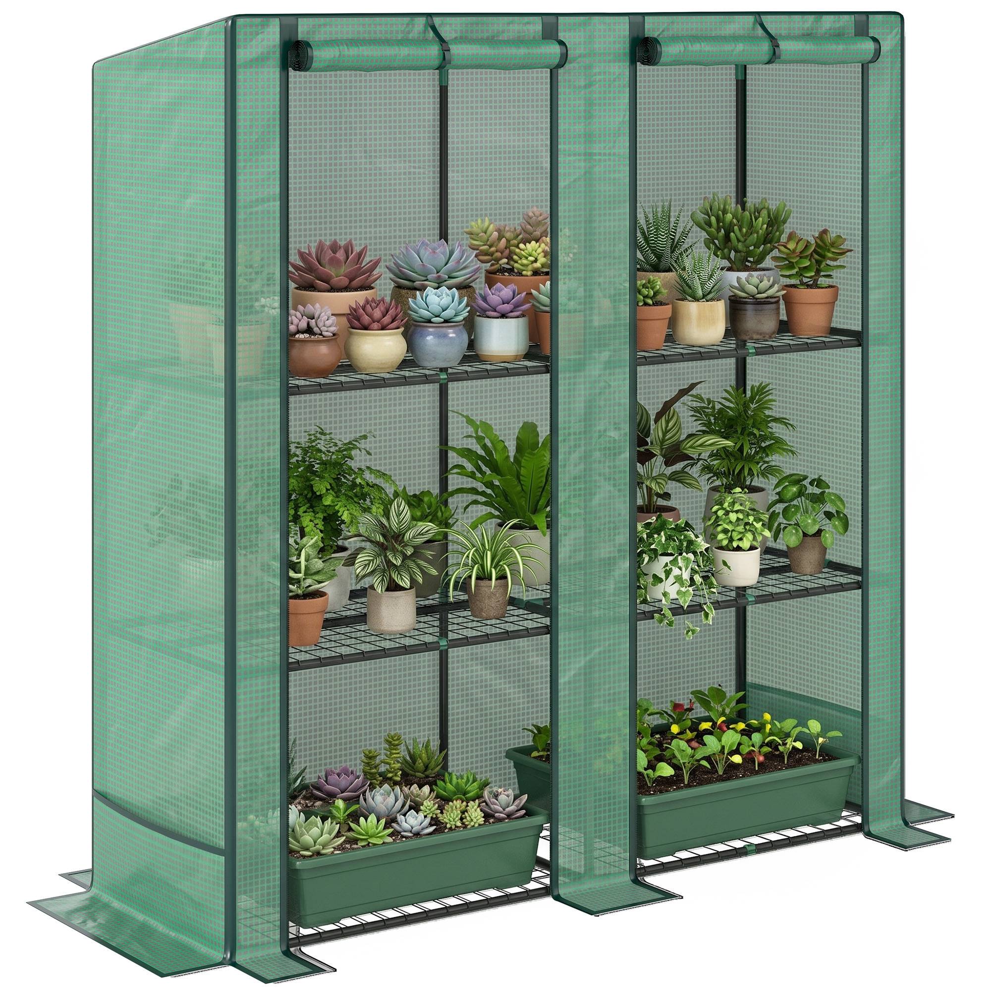 Serre de jardin avec étagères métalliques à 3 niveaux serre de balcon couverture PE toit incliné 144 x 48 x 152 cm vert - Image 1