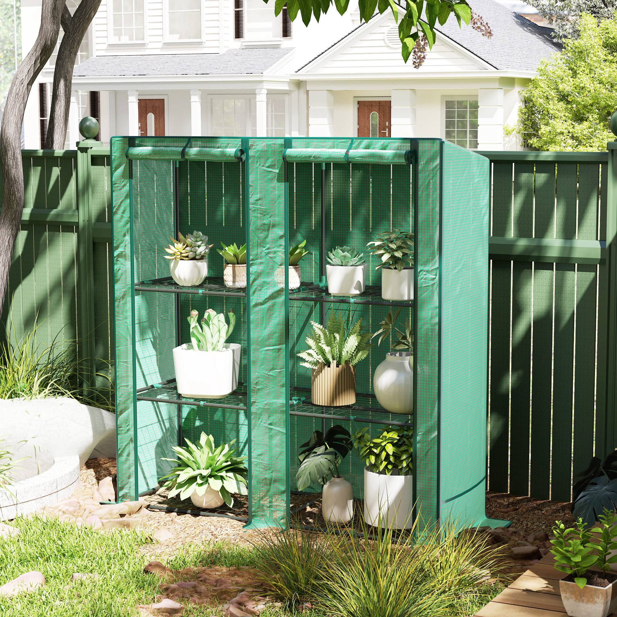 Serre de jardin avec étagères métalliques à 3 niveaux serre de balcon couverture PE toit incliné 144 x 48 x 152 cm vert - Image 3