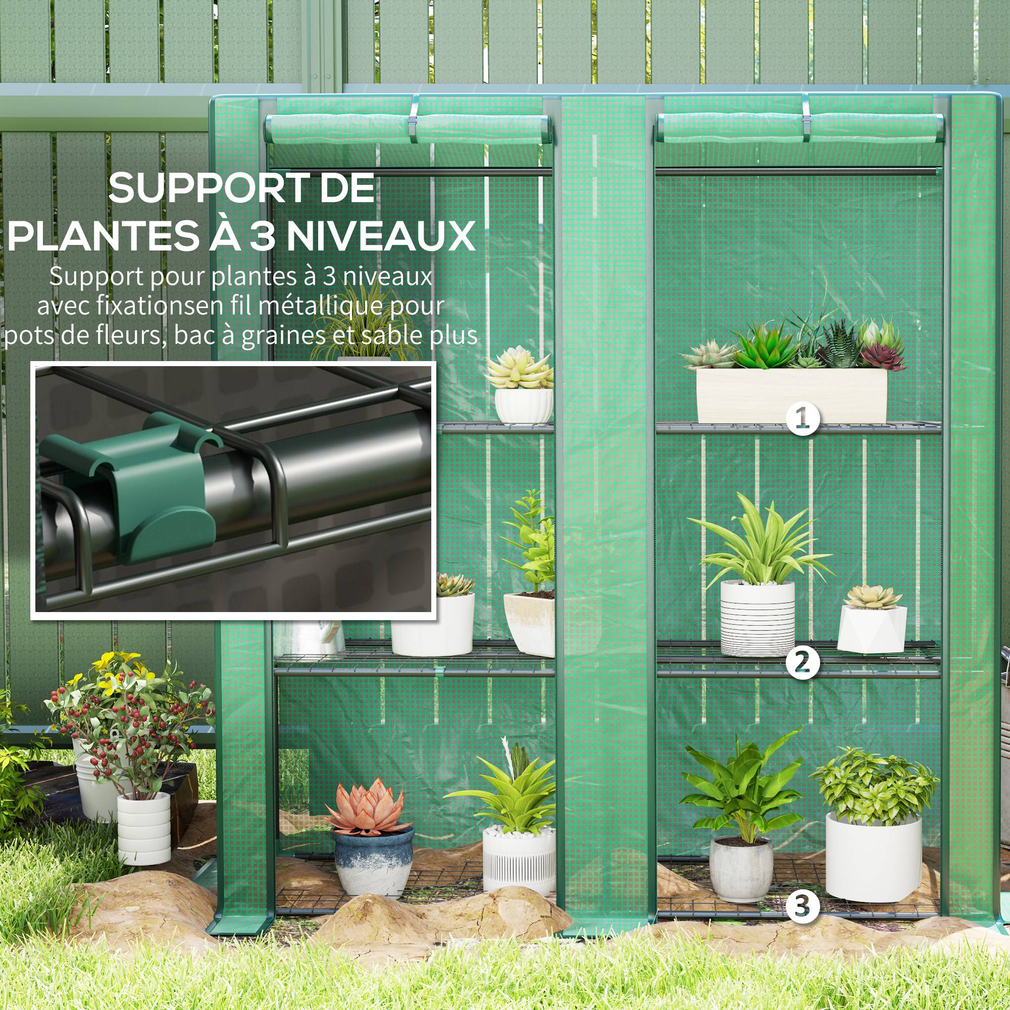 Serre de jardin avec étagères métalliques à 3 niveaux serre de balcon couverture PE toit incliné 144 x 48 x 152 cm vert - Image 7